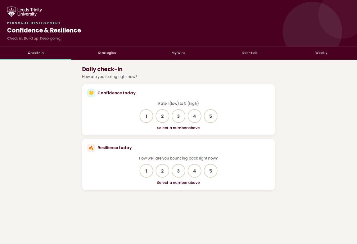 The Confidence and Resilience check-in, where a learner rates how they feel and keeps a daily log.