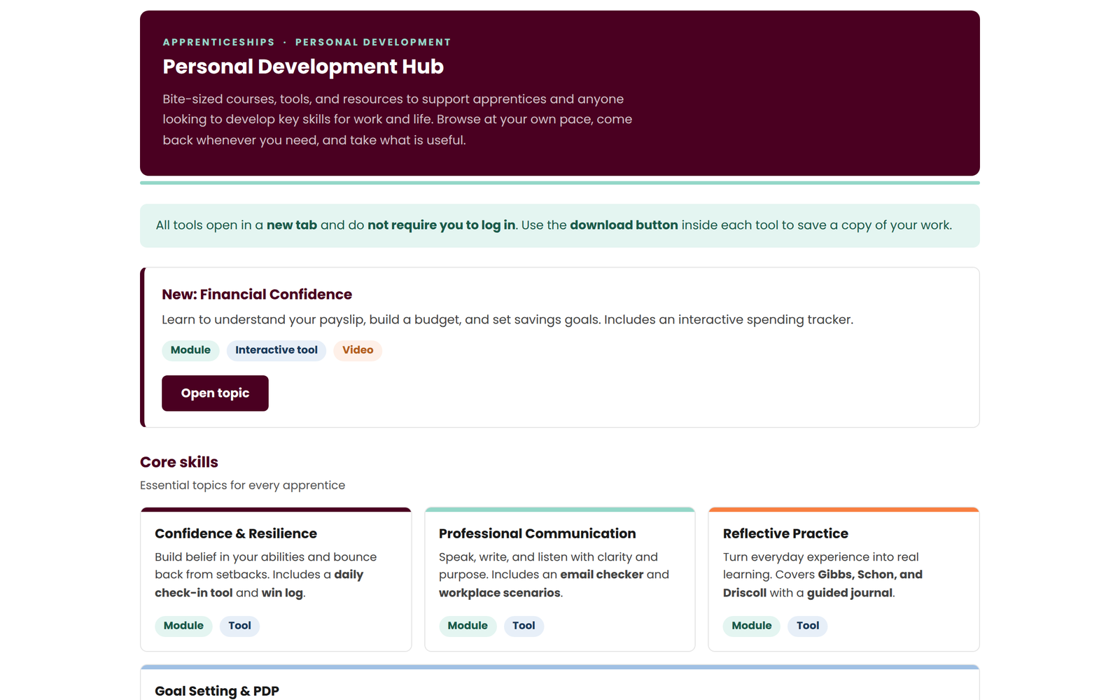 The Personal Development Hub landing page, listing each topic with its module and interactive tool.